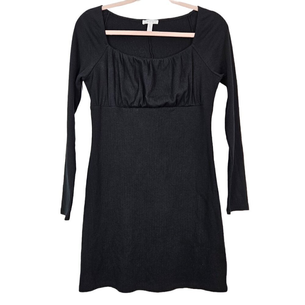 Nordstrom Leith Black Ribbed Stretch Cotton Gathered Bodice Mini Dress L